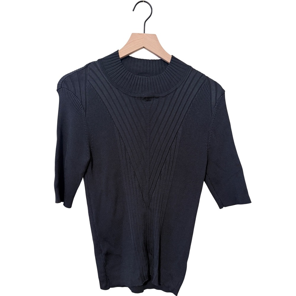 Elie. By Elie Tahari Black Ribbed Mock Neck Sweater Rayon Blend Stretch Knit Top